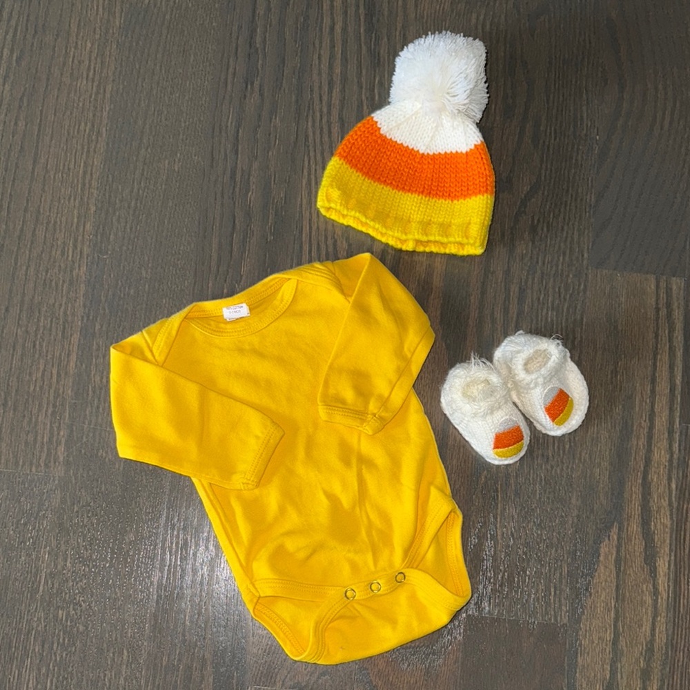 Little Me Candy Corn Baby Set Hat Booties Onesie 0-6M